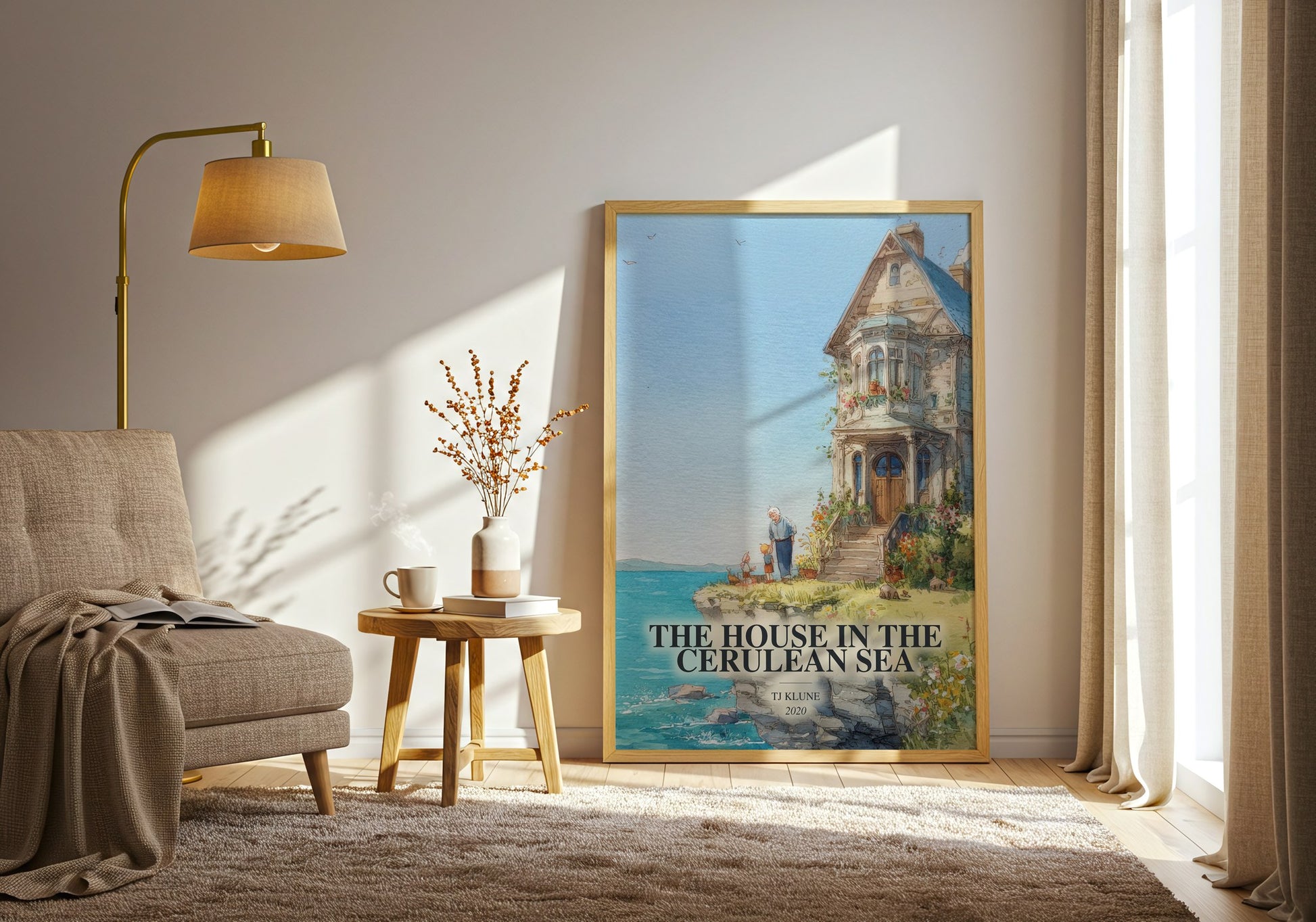 The House In The Cerulean Sea watercolour print in frame leaning in hallway – fantasy wall art