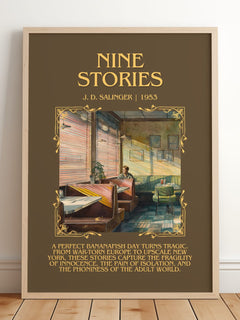 Nine Stories Minimalist Book Poster by J. D. Salinger – framed print leaning on a wooden floor