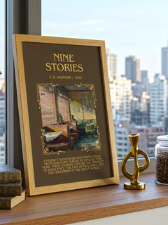 Nine Stories Minimalist Book Poster by J. D. Salinger – framed print on a city-view windowsill