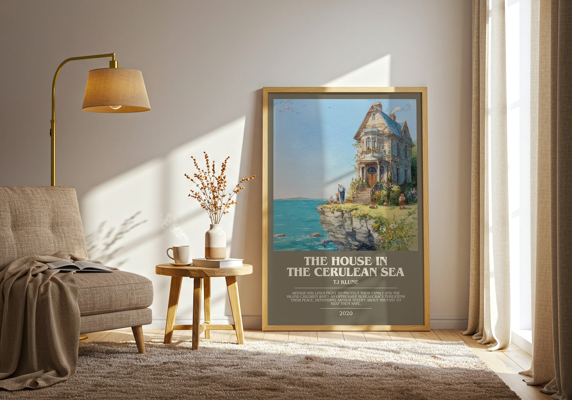 The House in the Cerulean Sea bookish print framed by window – literary home decor