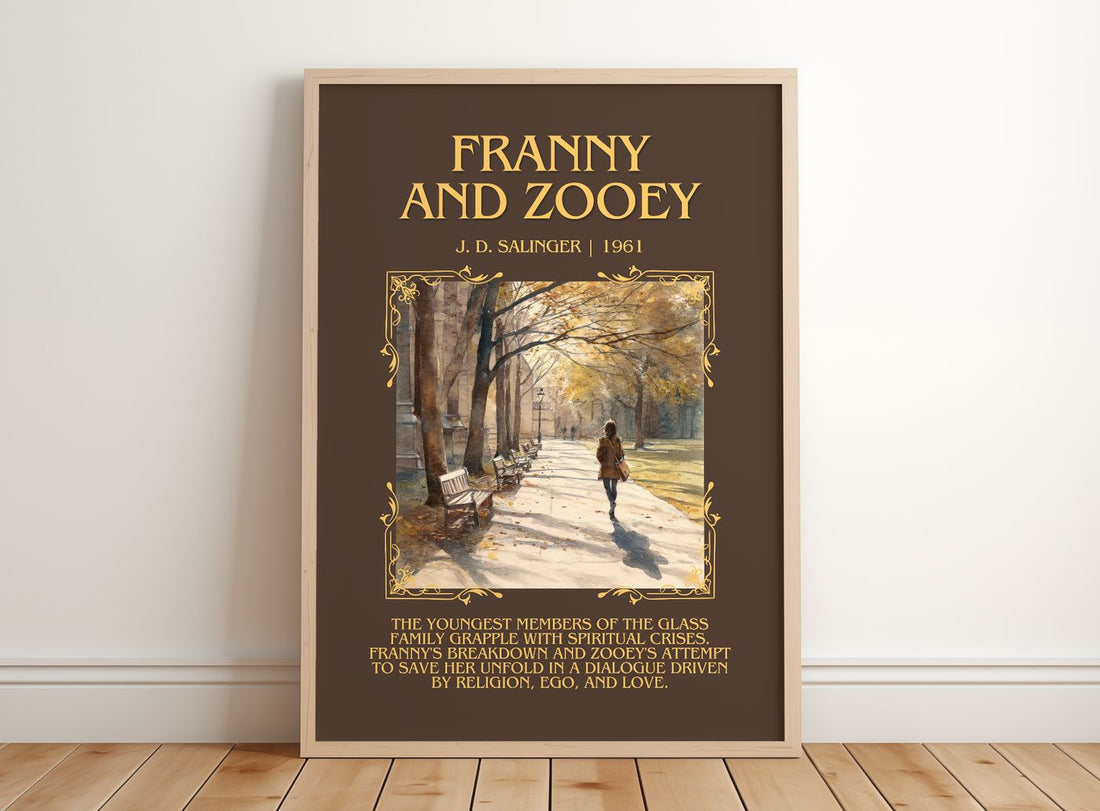 Franny And Zooey Minimalist Book Poster by J. D. Salinger – framed print leaning on a wooden floor