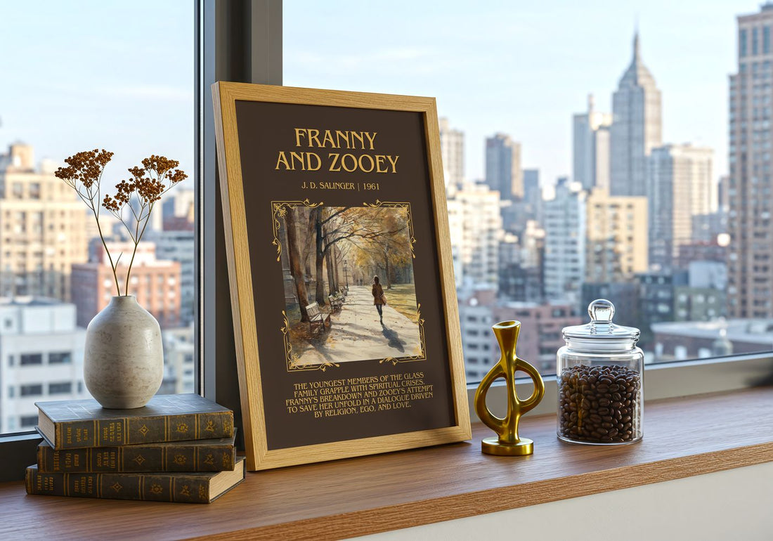 Franny And Zooey Minimalist Book Poster by J. D. Salinger – framed print on a city-view windowsill