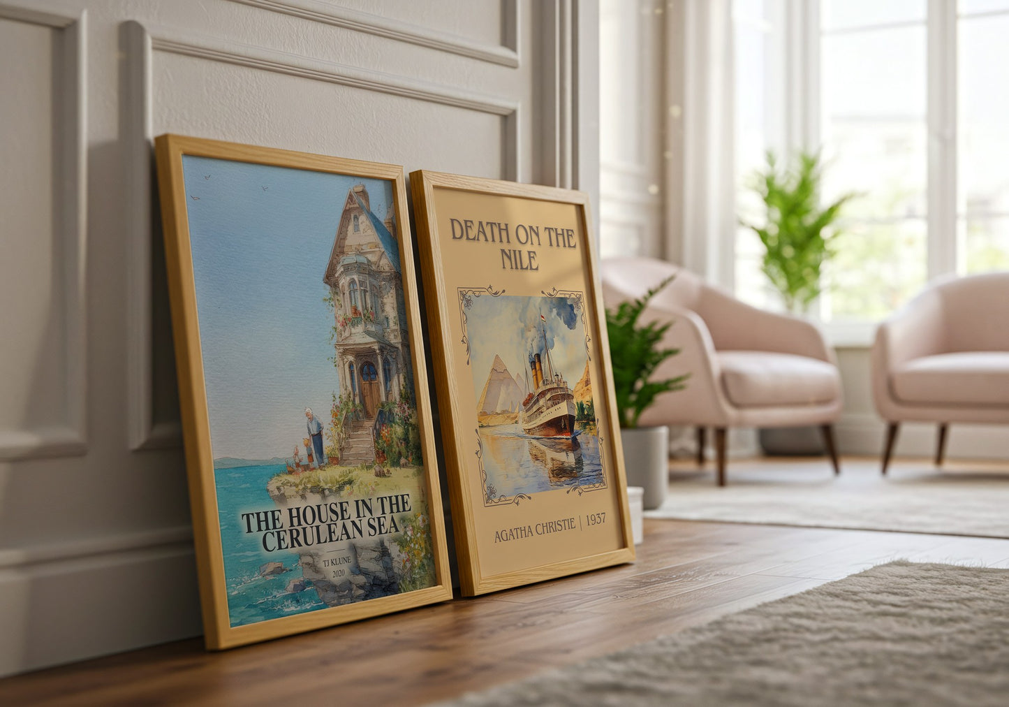The House In The Cerulean Sea watercolour print framed by window – literary home decor