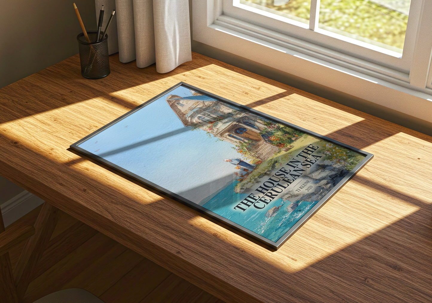 The House In The Cerulean Sea watercolour book poster framed on wall – fantasy wall art