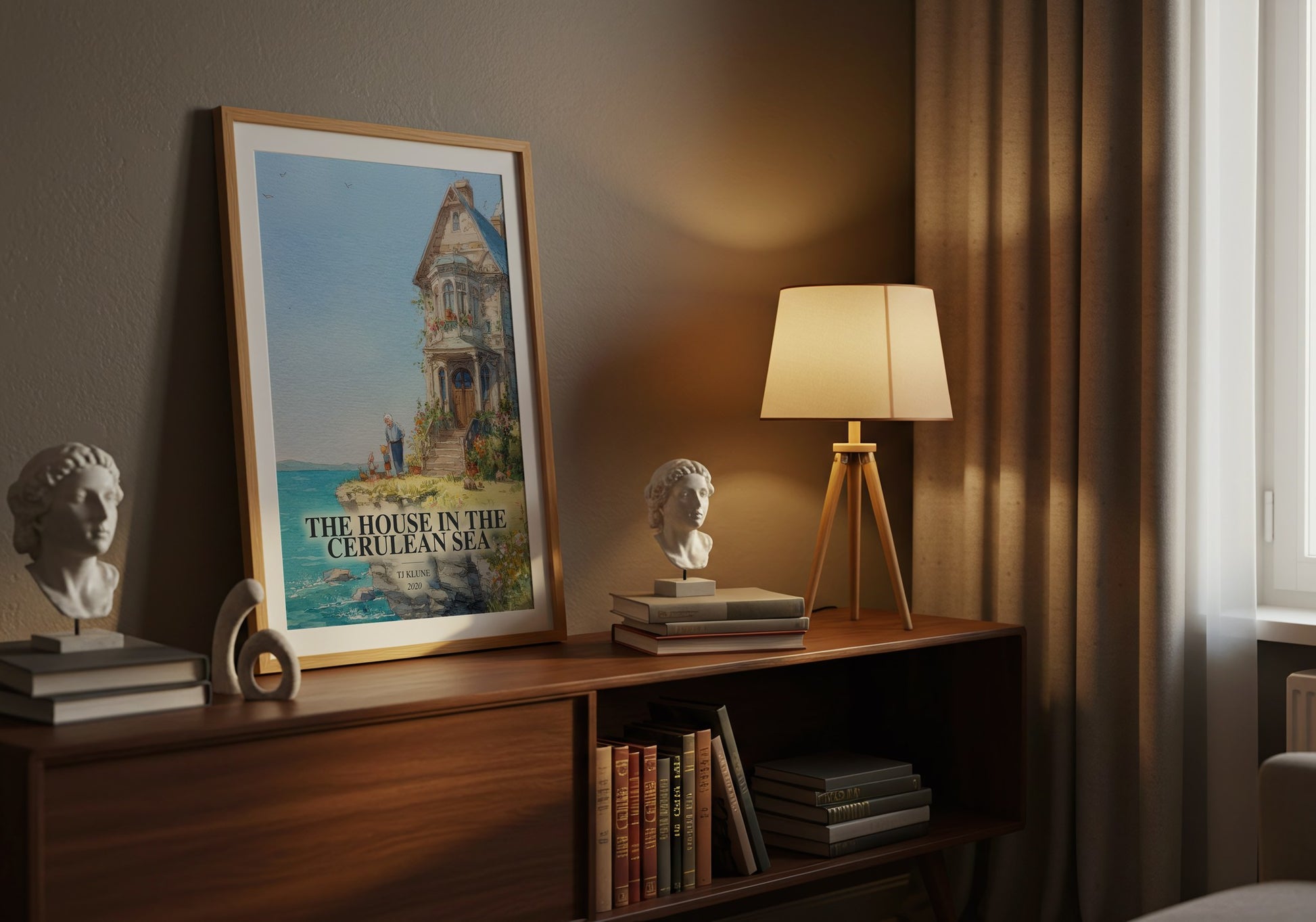 The House In The Cerulean Sea watercolour print on bookshelf – Tj Klune fan gift
