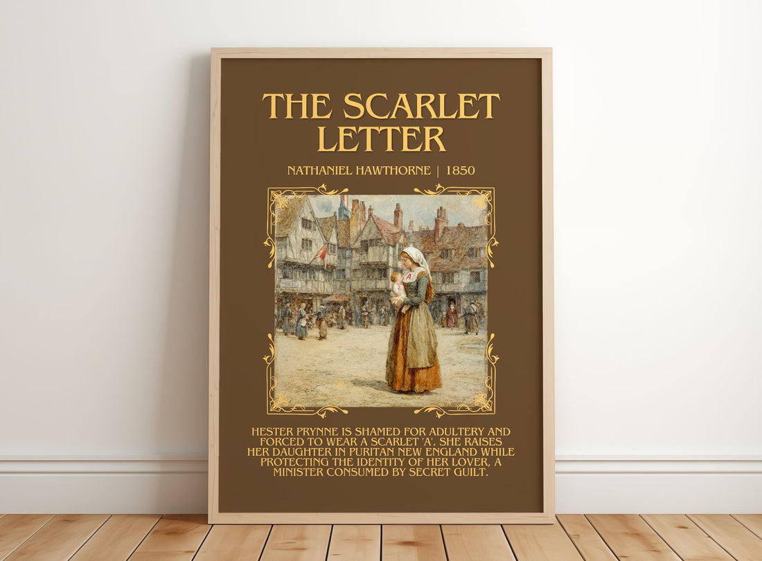 The Scarlet Letter Minimalist Book Poster by Nathaniel Hawthorne – framed print leaning on a wooden floor
