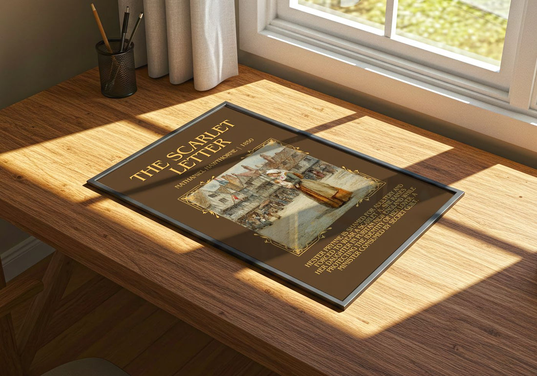 The Scarlet Letter Minimalist Book Poster by Nathaniel Hawthorne – print on a sunlit desk