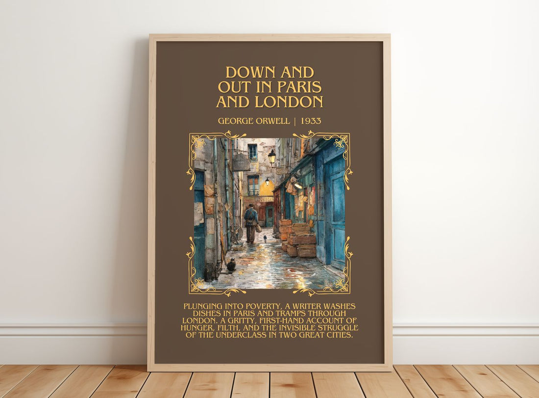 Down And Out In Paris And London Minimalist Book Poster by G. Orwell – framed print leaning on a wooden floor