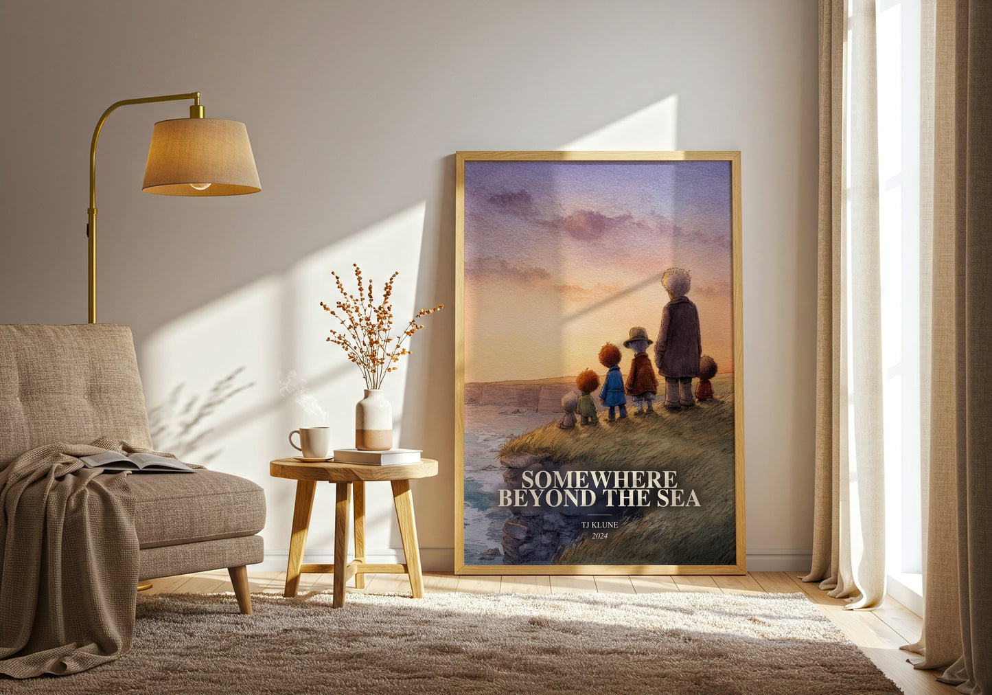 Somewhere Beyond The Sea watercolour print in frame leaning in hallway – fantasy wall art