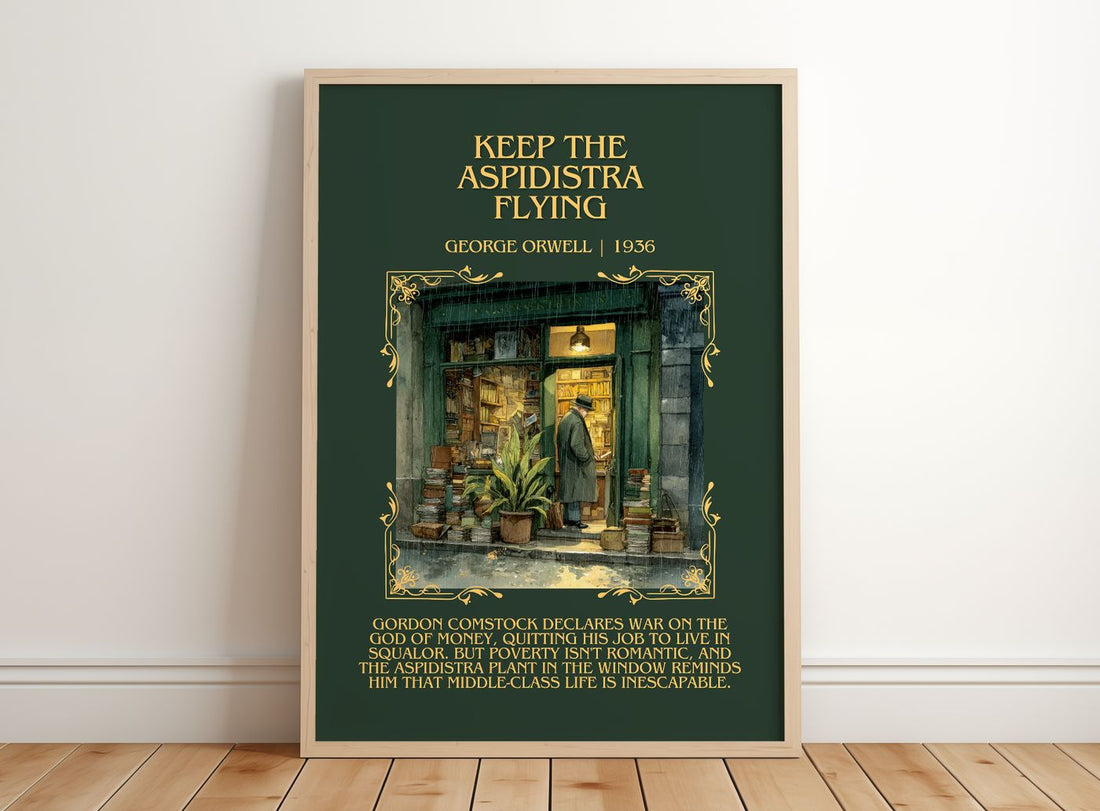 Keep The Aspidistra Flying Minimalist Book Poster by George Orwell – framed print leaning on a wooden floor