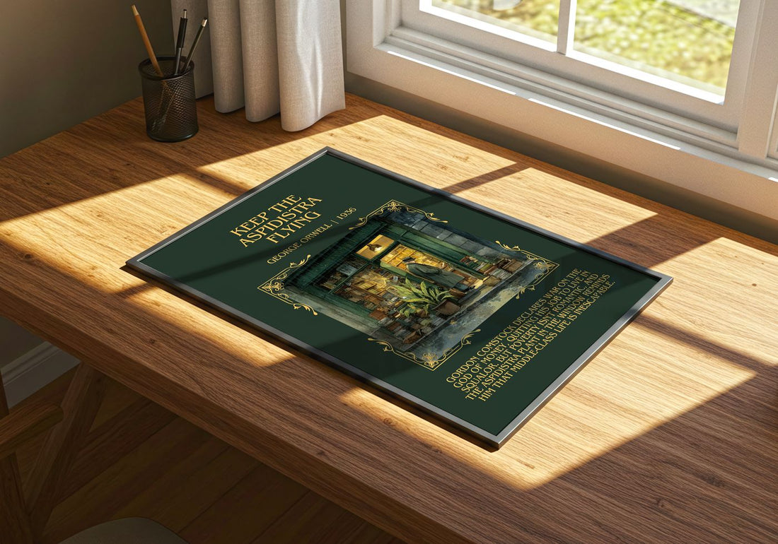 Keep The Aspidistra Flying Minimalist Book Poster by George Orwell – print on a sunlit desk