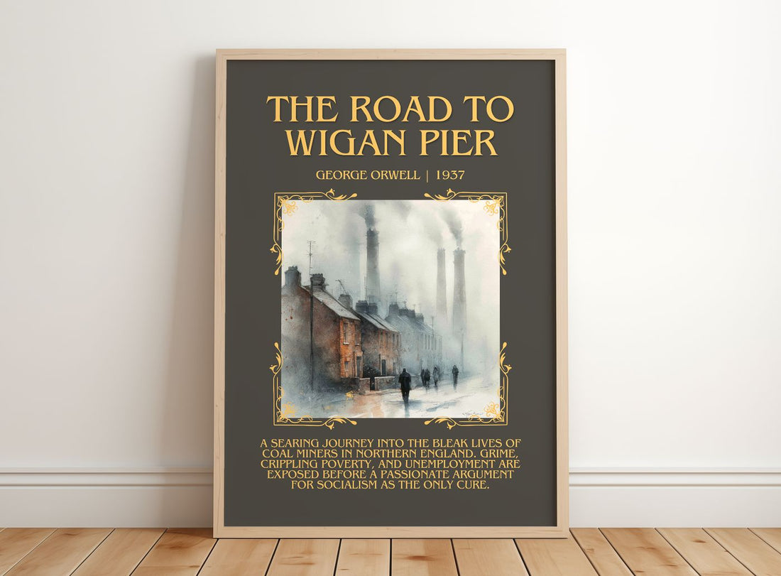 The Road To Wigan Pier Minimalist Book Poster by George Orwell – framed print leaning on a wooden floor