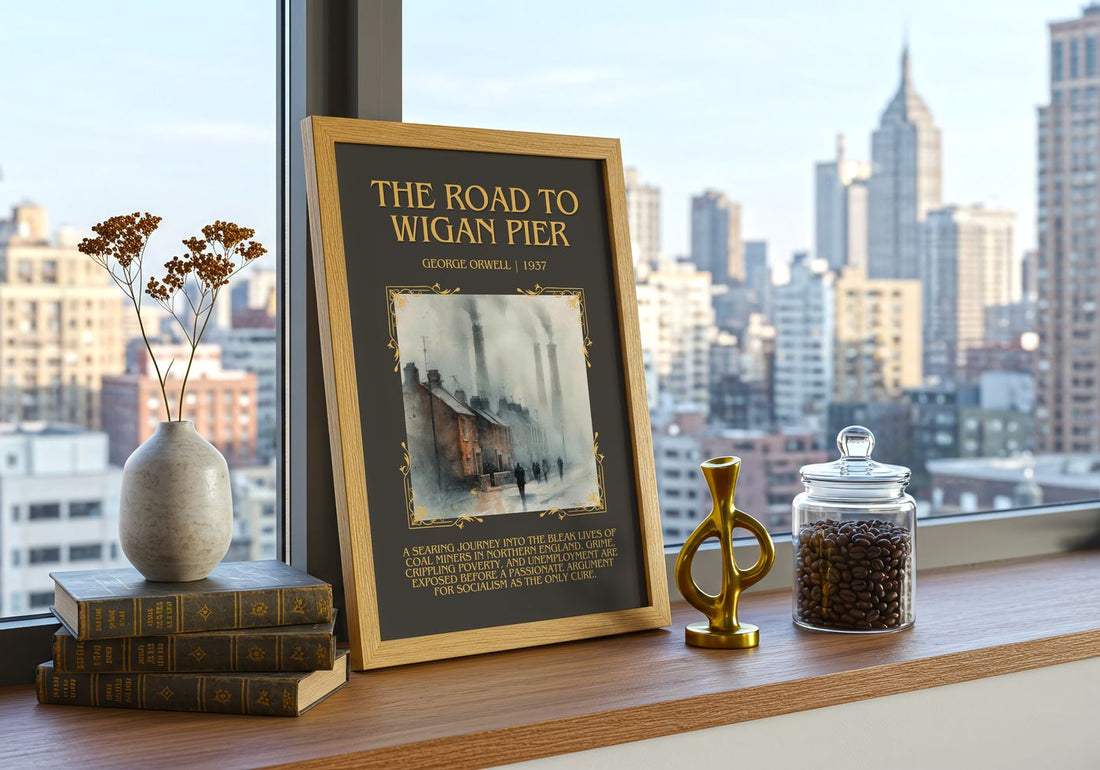 The Road To Wigan Pier Minimalist Book Poster by George Orwell – framed print on a city-view windowsill