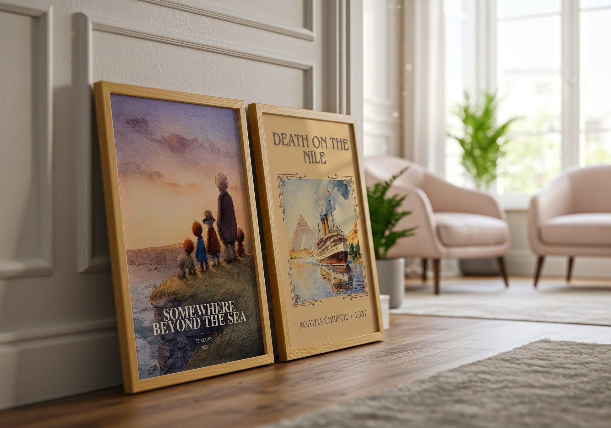 Somewhere Beyond The Sea watercolour print framed by window – literary home decor