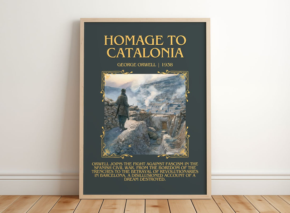Homage To Catalonia Minimalist Book Poster by George Orwell – framed print leaning on a wooden floor