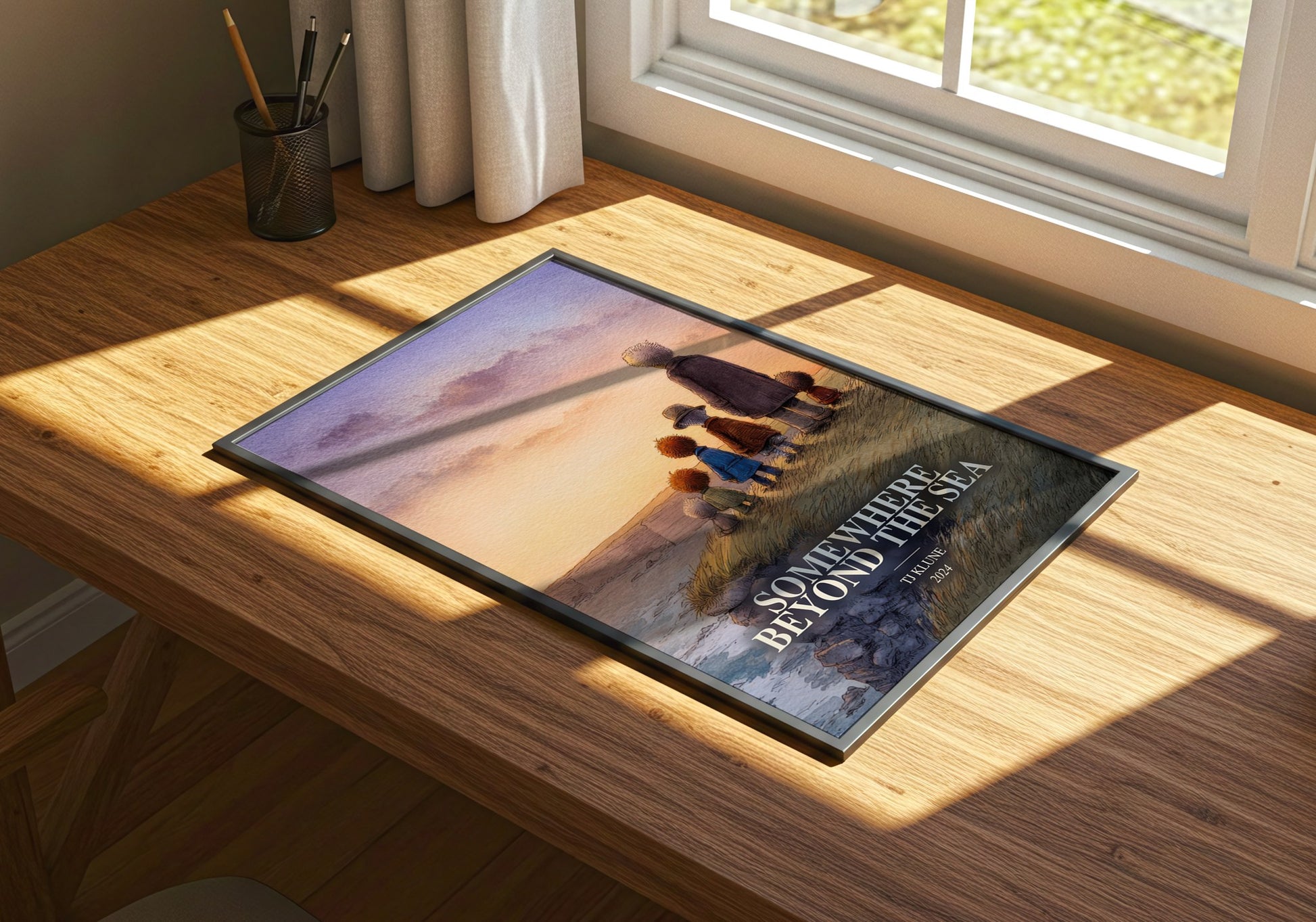 Somewhere Beyond The Sea watercolour book poster framed on wall – fantasy wall art