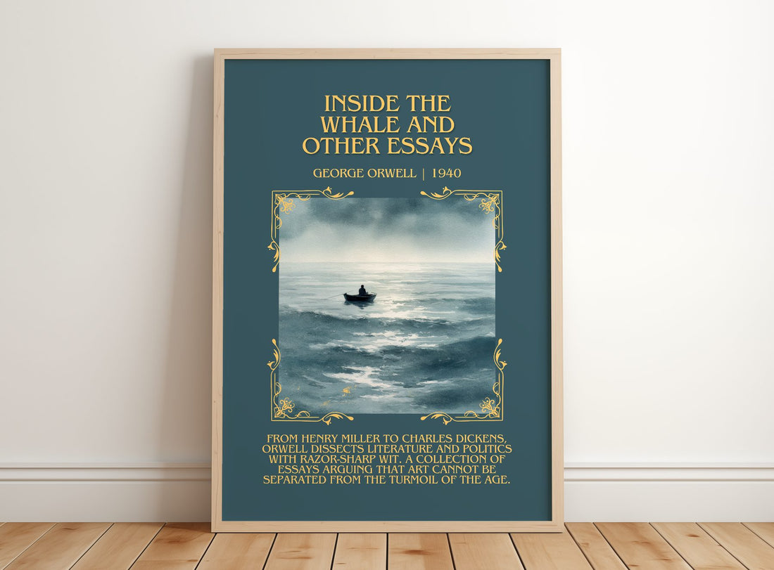 Inside The Whale And Other Essays Minimalist Book Poster by G. Orwell – framed print leaning on a wooden floor
