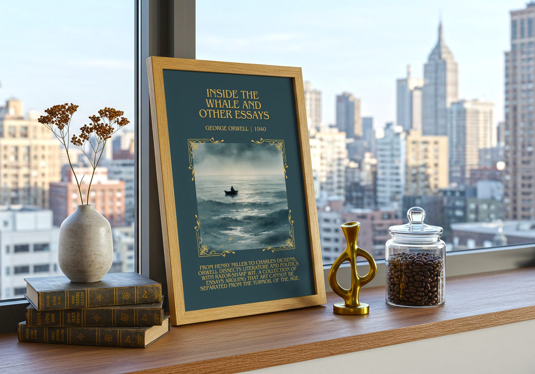 Inside The Whale And Other Essays Minimalist Book Poster by G. Orwell – framed print on a city-view windowsill