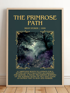 The Primrose Path Minimalist Book Poster by Bram Stoker – framed print leaning on a wooden floor