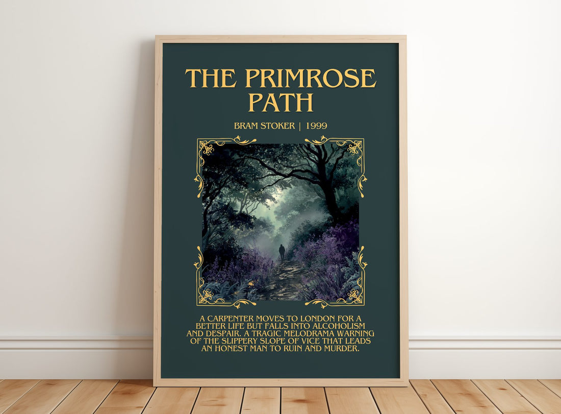 The Primrose Path Minimalist Book Poster by Bram Stoker – framed print leaning on a wooden floor