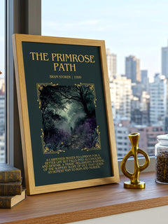 The Primrose Path Minimalist Book Poster by Bram Stoker – framed print on a city-view windowsill