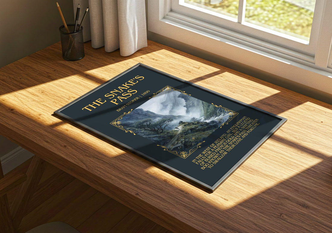 The Snake'S Pass Minimalist Book Poster by Bram Stoker – print on a sunlit desk