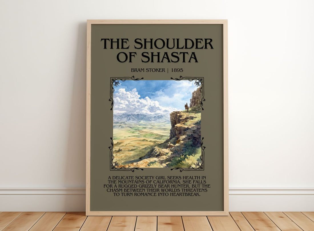 The Shoulder Of Shasta Minimalist Book Poster by Bram Stoker – framed print leaning on a wooden floor