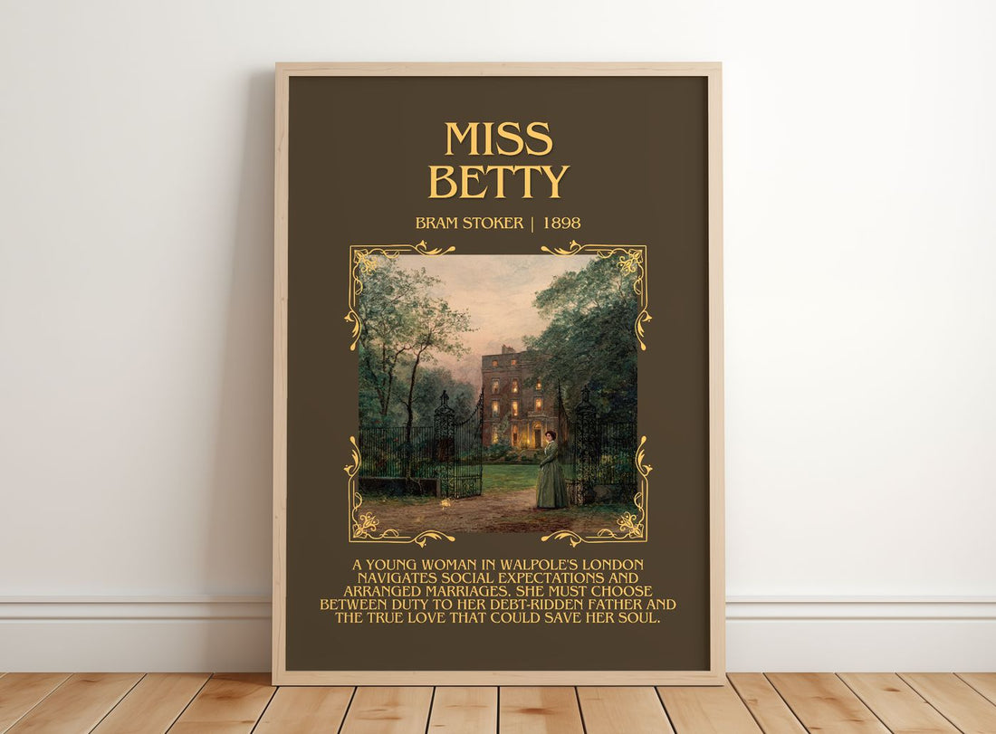Miss Betty Minimalist Book Poster by Bram Stoker – framed print leaning on a wooden floor