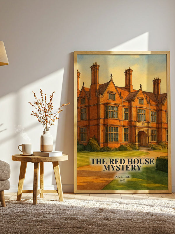 The Red House Mystery watercolour print in frame leaning in hallway – mystery wall art