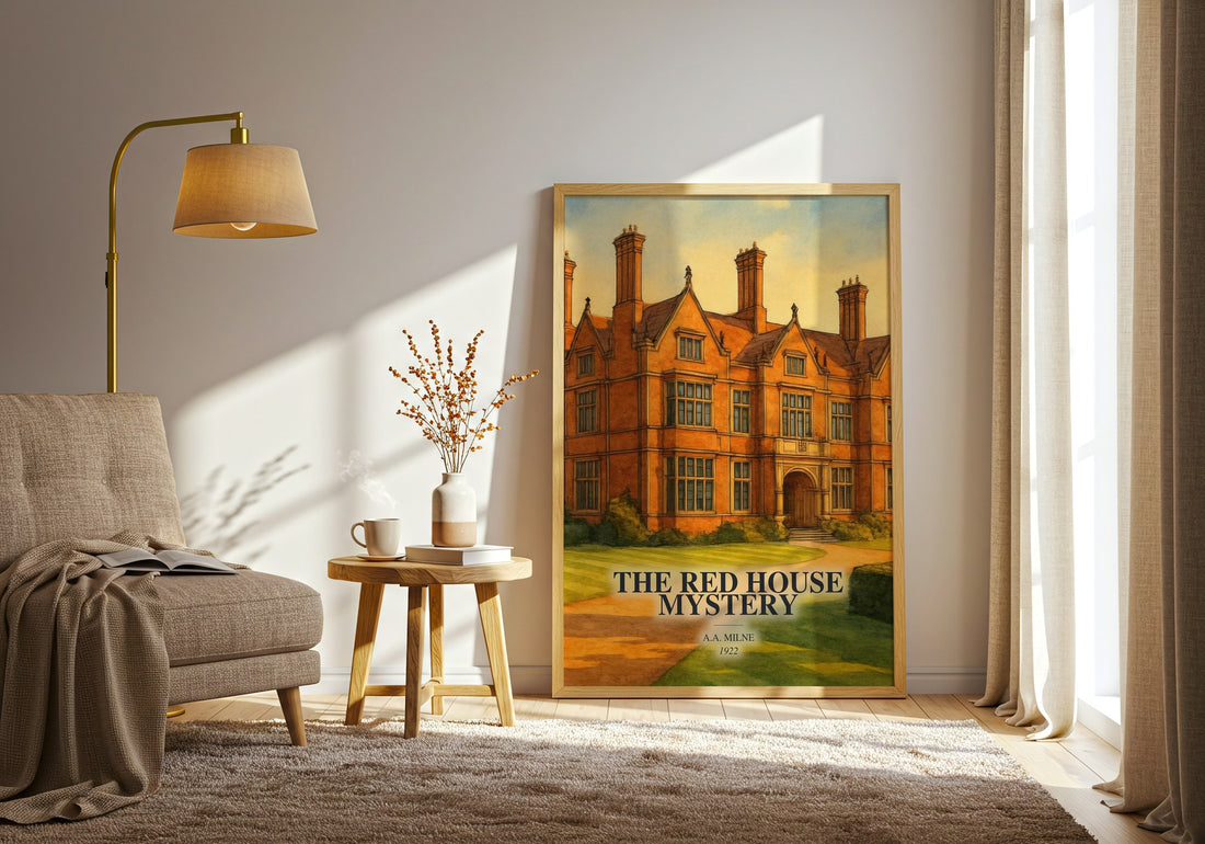 The Red House Mystery watercolour print in frame leaning in hallway – mystery wall art (mockup)