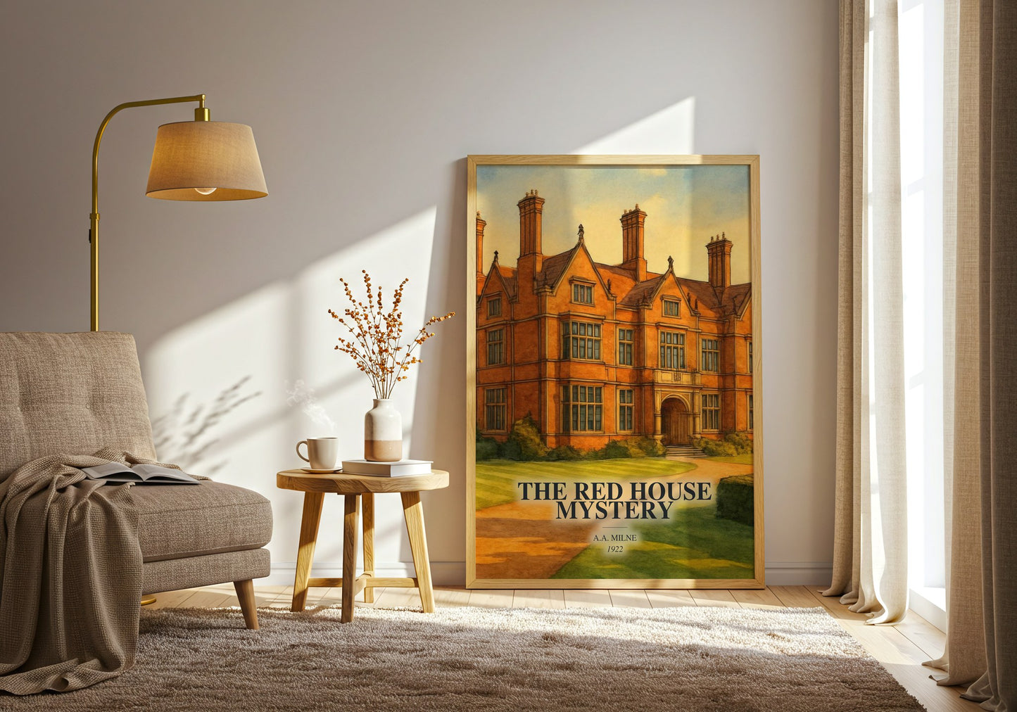 The Red House Mystery watercolour print in frame leaning in hallway – mystery wall art