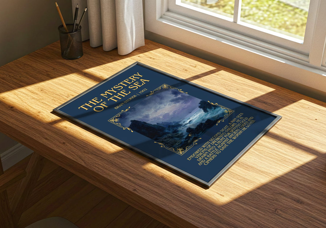 The Mystery Of The Sea Minimalist Book Poster by Bram Stoker – print on a sunlit desk