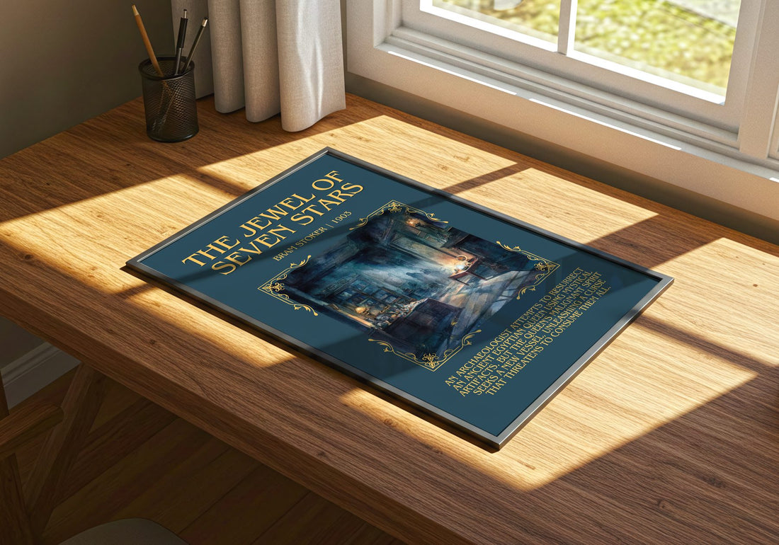 The Jewel Of Seven Stars Minimalist Book Poster by Bram Stoker – print on a sunlit desk