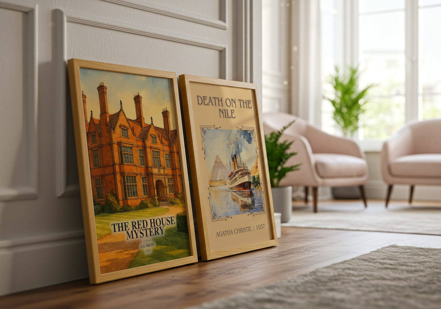 The Red House Mystery watercolour print framed by window – literary home decor