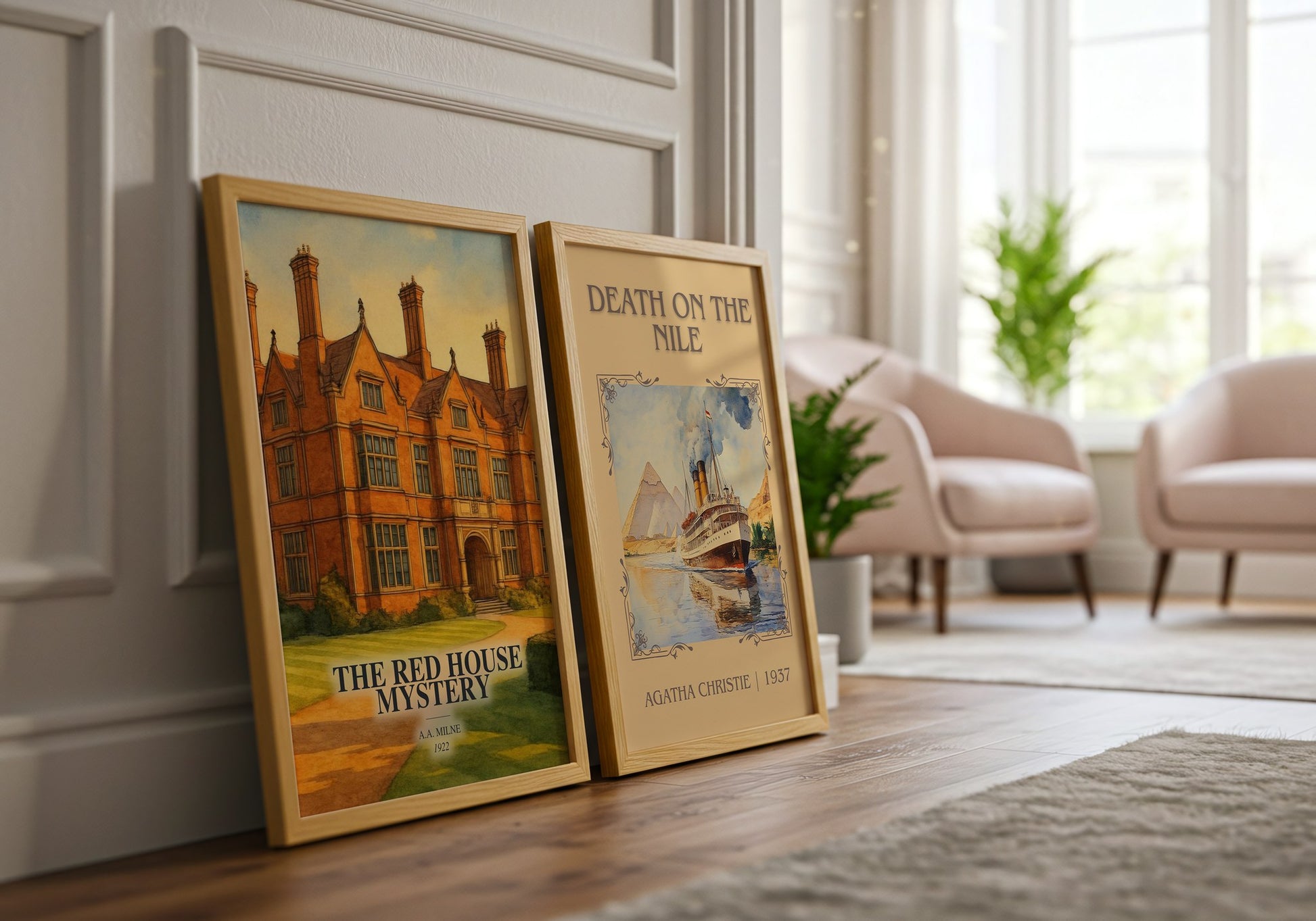The Red House Mystery watercolour print framed by window – literary home decor