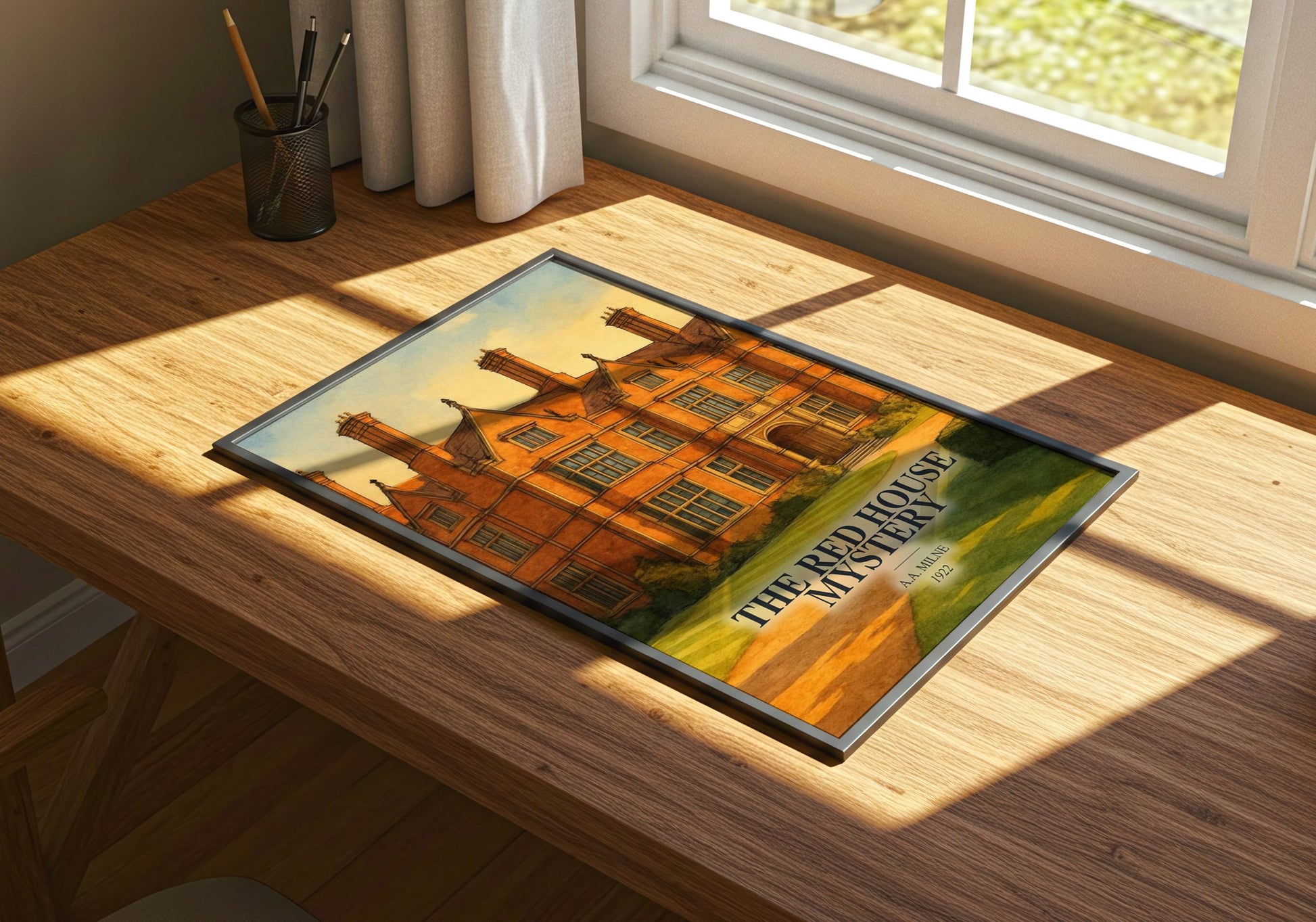 The Red House Mystery watercolour book poster framed on wall – mystery wall art