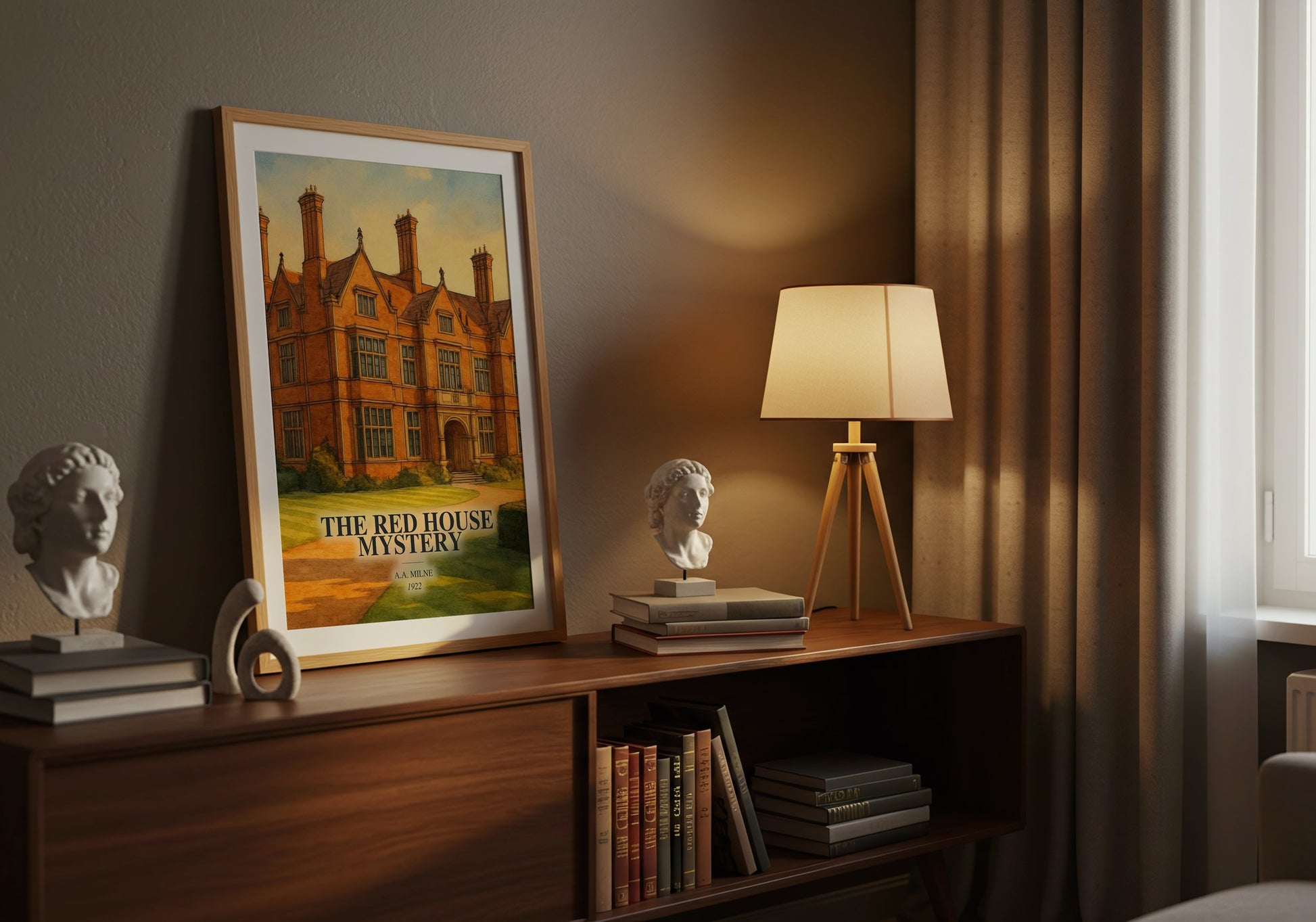 The Red House Mystery watercolour print on bookshelf – A.A. Milne fan gift