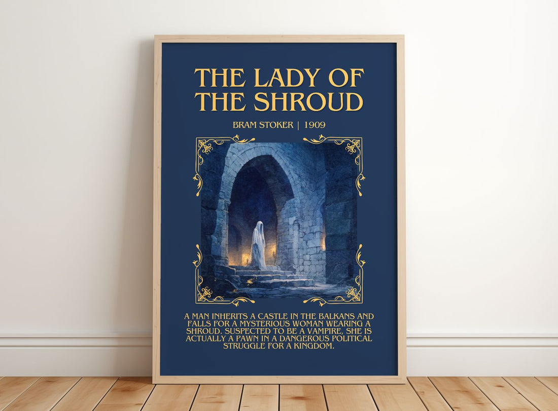 The Lady Of The Shroud Minimalist Book Poster by Bram Stoker – framed print leaning on a wooden floor