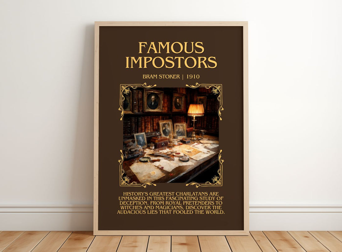 Famous Impostors Minimalist Book Poster by Bram Stoker – framed print leaning on a wooden floor