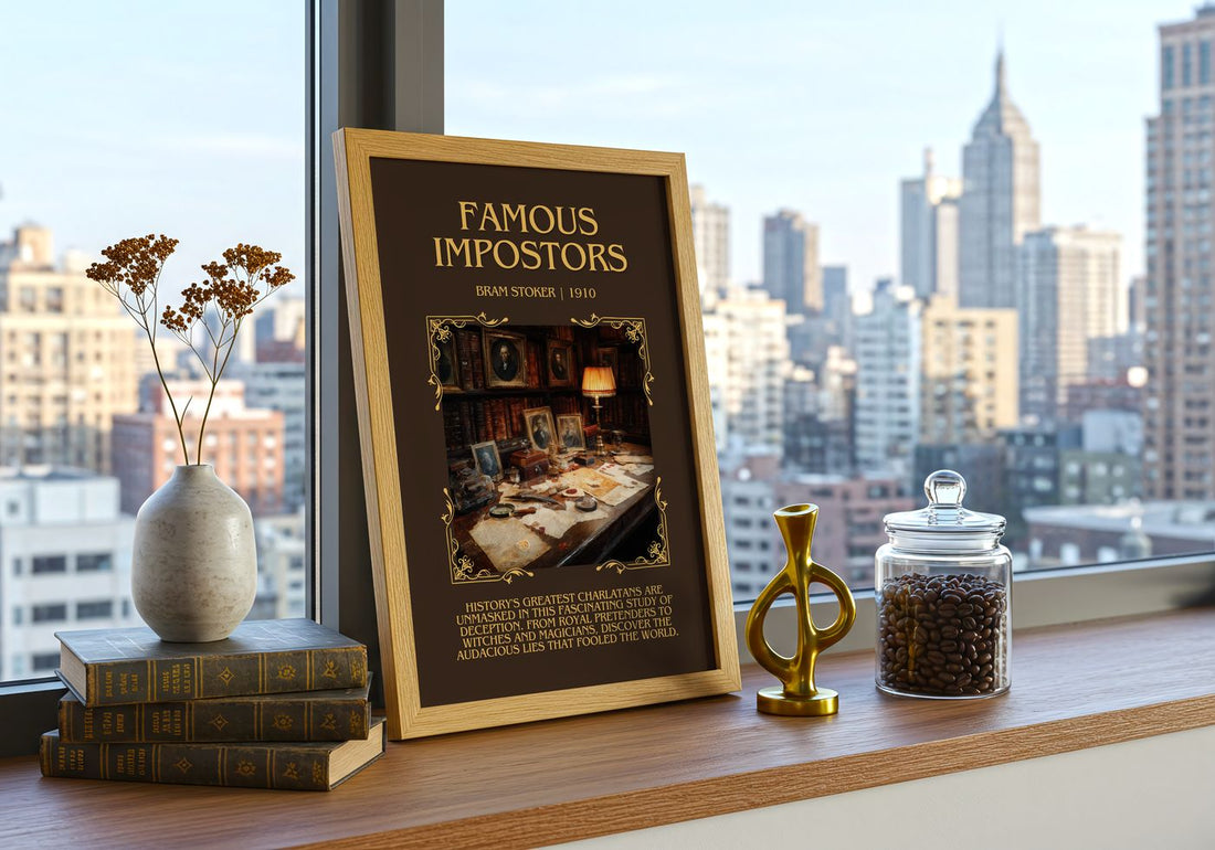 Famous Impostors Minimalist Book Poster by Bram Stoker – framed print on a city-view windowsill