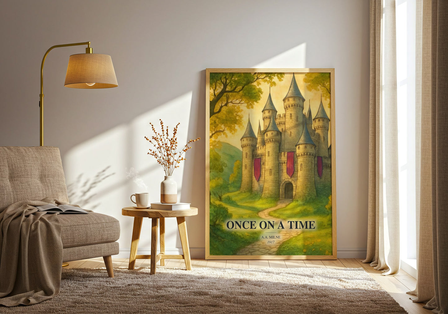 Once On A Time watercolour print in frame leaning in hallway – childrens wall art