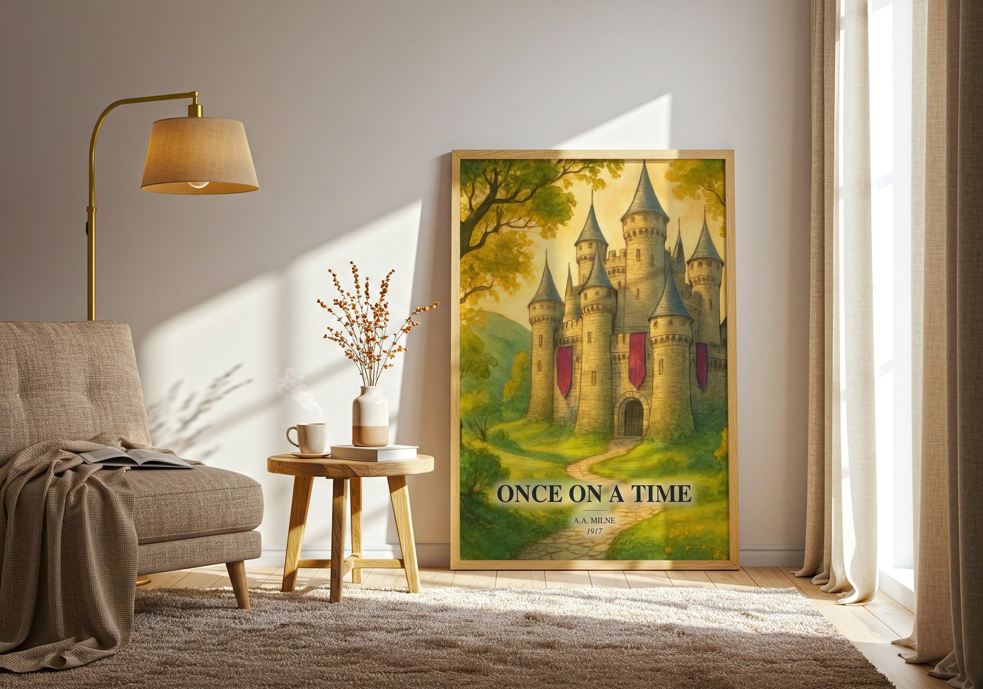 Once On A Time watercolour print in frame leaning in hallway – childrens wall art