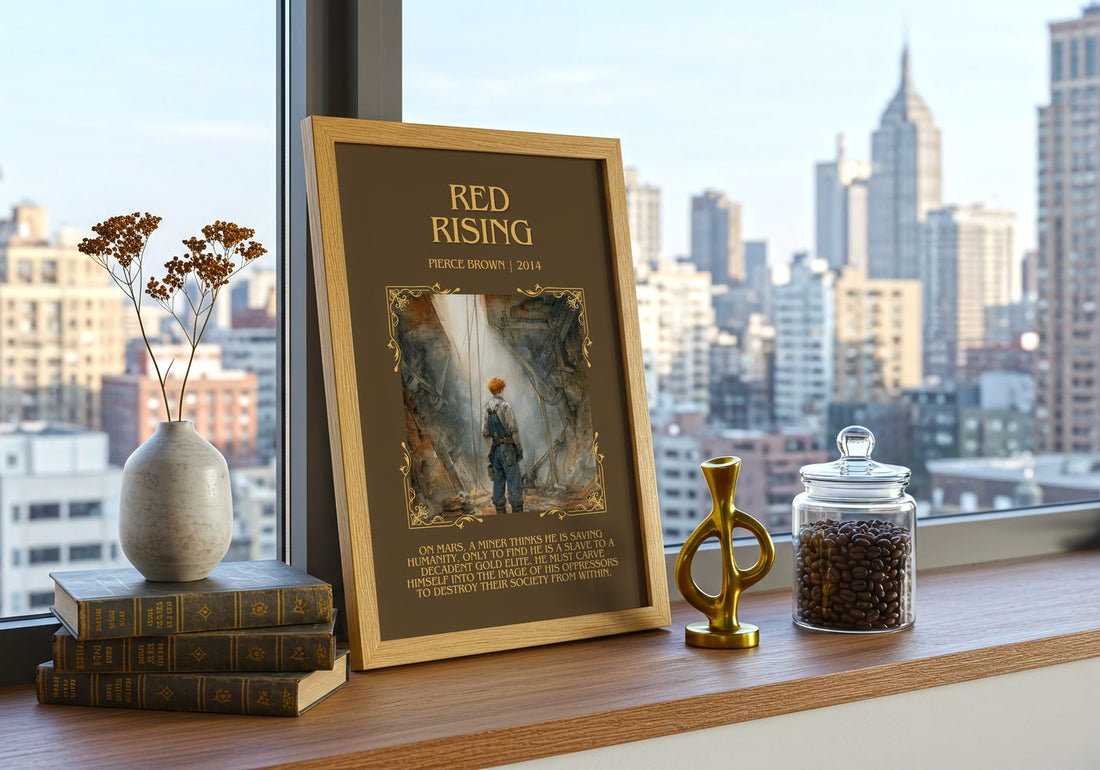 Red Rising Minimalist Book Poster by Pierce Brown – framed print on a city-view windowsill
