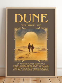 Dune Minimalist Book Poster by Frank Herbert – framed print leaning on a wooden floor