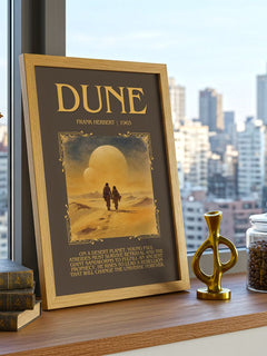 Dune Minimalist Book Poster by Frank Herbert – framed print on a city-view windowsill