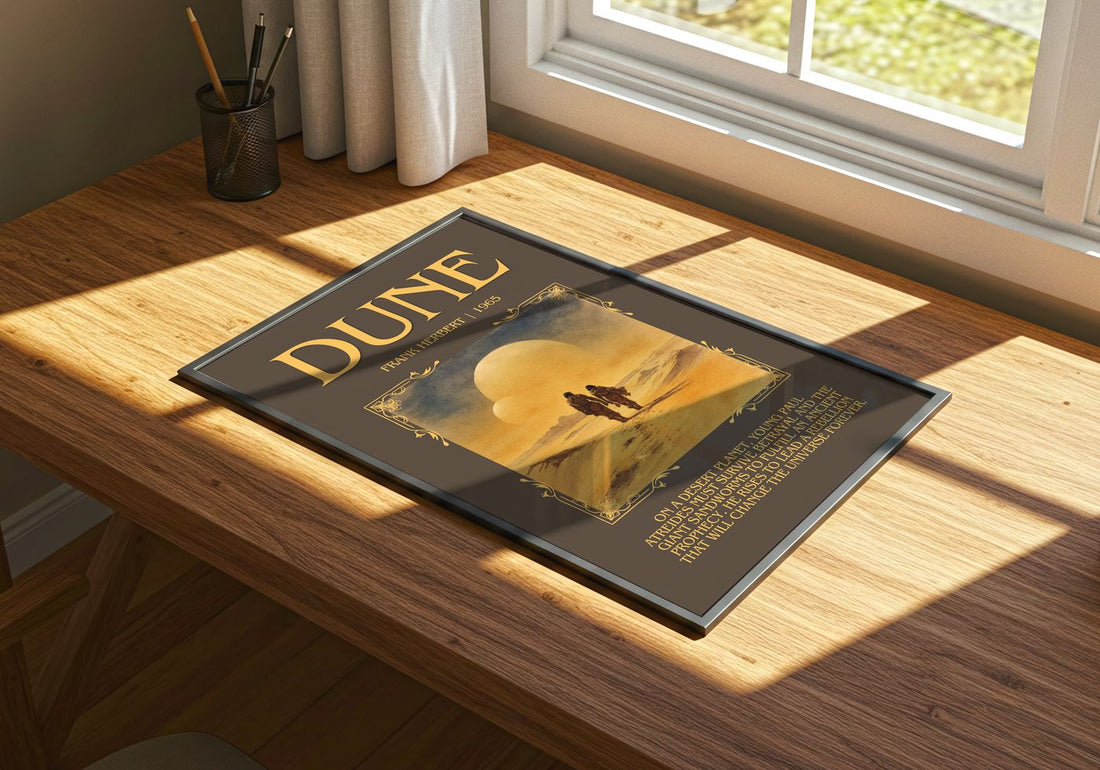 Dune Minimalist Book Poster by Frank Herbert – print on a sunlit desk