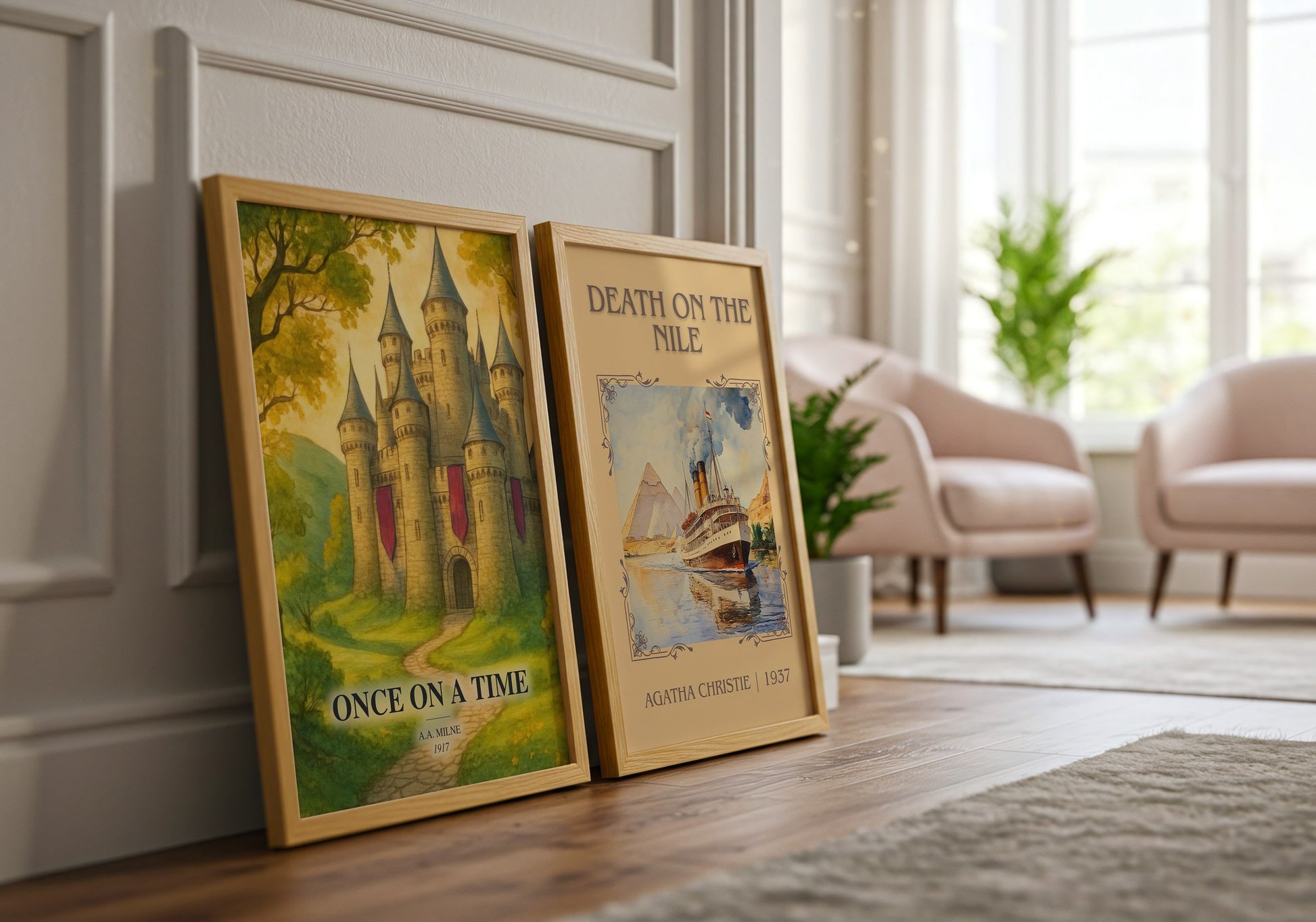 Once On A Time watercolour print framed by window – literary home decor