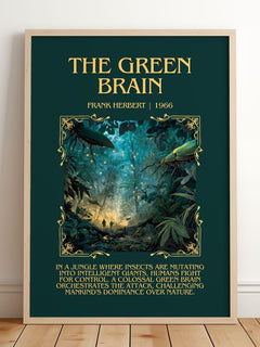 The Green Brain Minimalist Book Poster by Frank Herbert – framed print leaning on a wooden floor