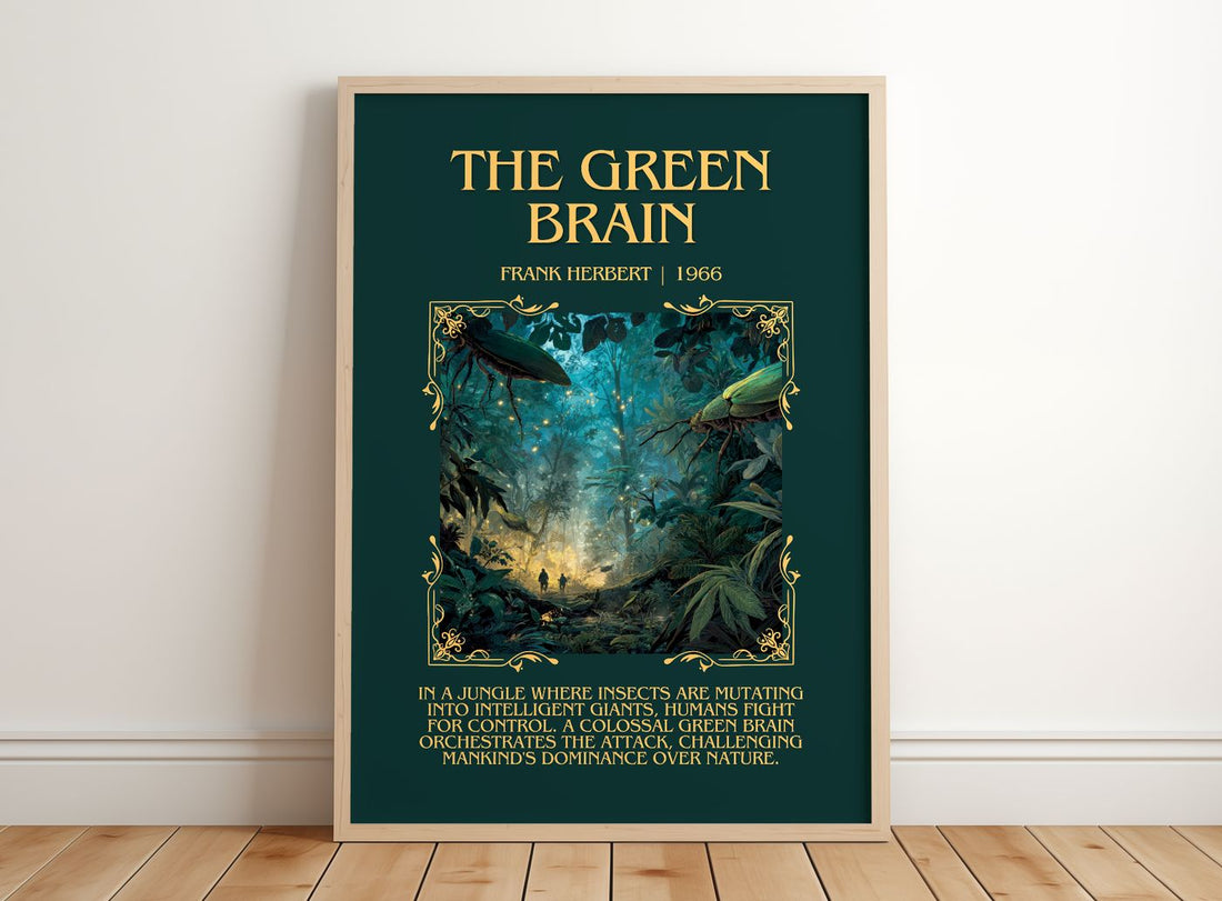 The Green Brain Minimalist Book Poster by Frank Herbert – framed print leaning on a wooden floor