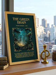The Green Brain Minimalist Book Poster by Frank Herbert – framed print on a city-view windowsill
